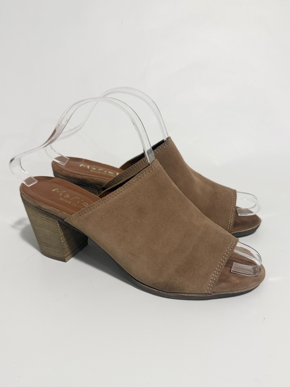Mariella Camel Suede Leather Mules 15304 Block Heel Size 8M